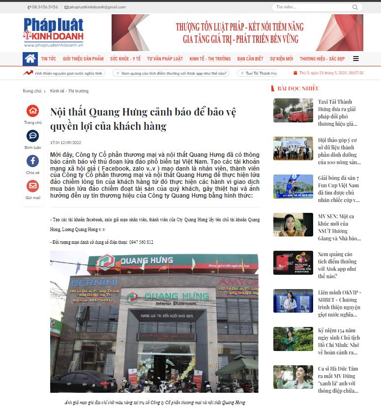 Bài viết trên trang phapluatkinhdoanh.vn: Nội thất Quang Hưng cảnh báo để bảo vệ quyền lợi của khách hàng
