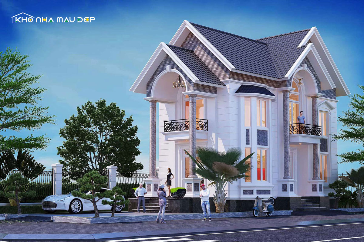 Biệt thự 2 tầng mái Thái nổi bật với các cột trụ lớn ở mặt tiền