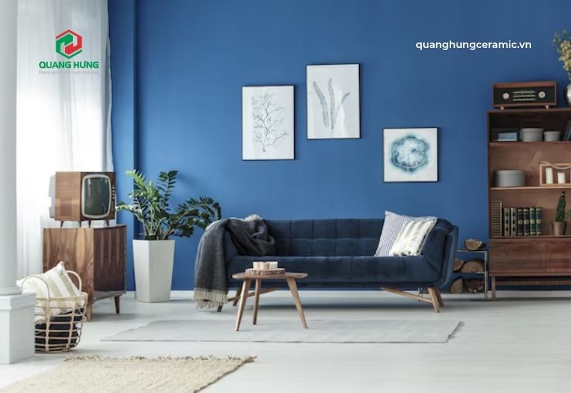 Nền nhà màu trắng kết hợp tường màu xanh Nanvy tương phản