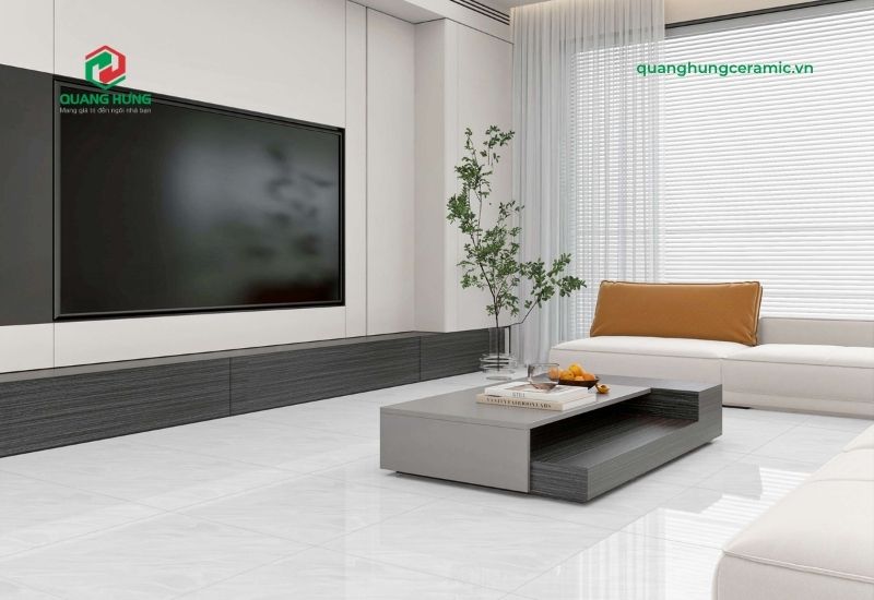 Nền nhà màu trắng kết hợp tường màu trắng đơn giản mà đồng bộ